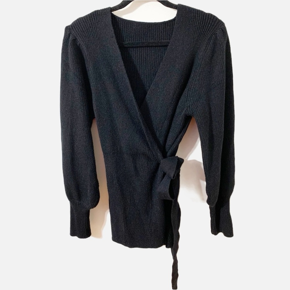 Unbranded Wrap Around Cardigan Sweater with Puffed Sleeves V-neckline Black ⬛️